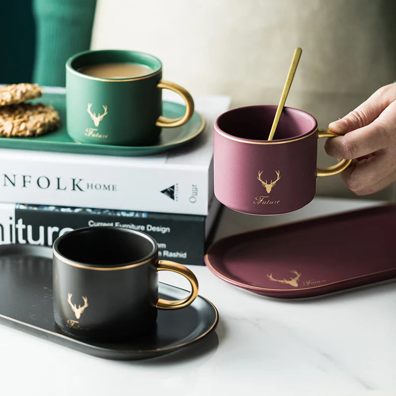 European Luxurious Gold Rim Ceramics Coffee Cups And Saucers Spoon Sets With Gift Box Tea Soy Milk Breakfast Mugs Dessert Plate