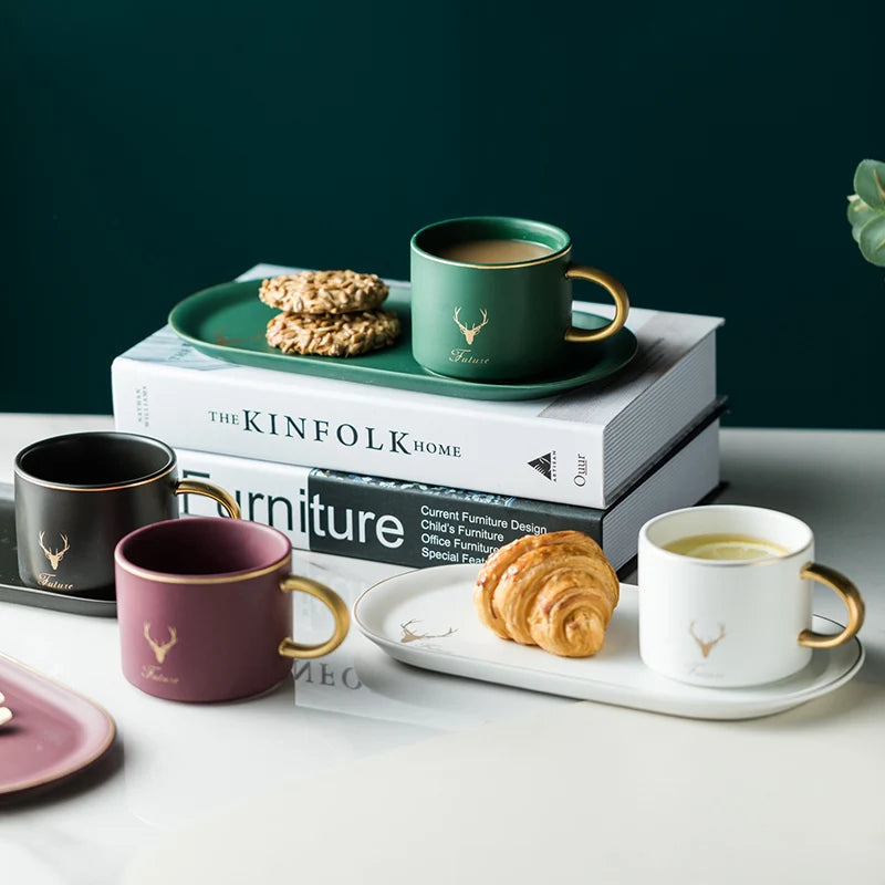 European Luxurious Gold Rim Ceramics Coffee Cups And Saucers Spoon Sets With Gift Box Tea Soy Milk Breakfast Mugs Dessert Plate