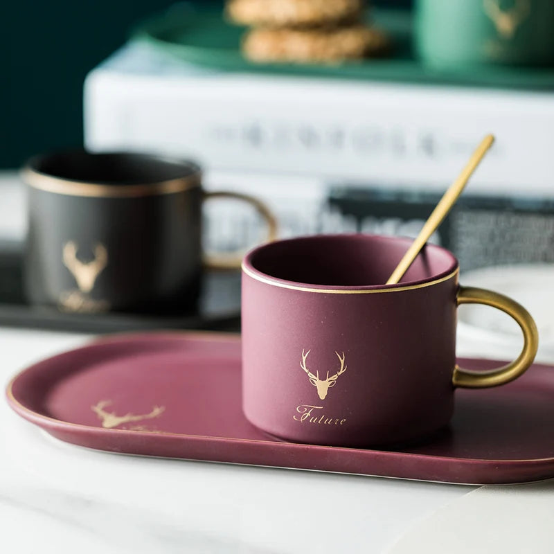 European Luxurious Gold Rim Ceramics Coffee Cups And Saucers Spoon Sets With Gift Box Tea Soy Milk Breakfast Mugs Dessert Plate