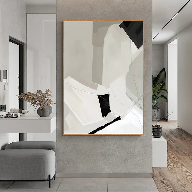 Oil Painting Hand-painted Black and White Minimalist Geometric Living Room Wall Decorative Painting Abstract Hanging Paintings
