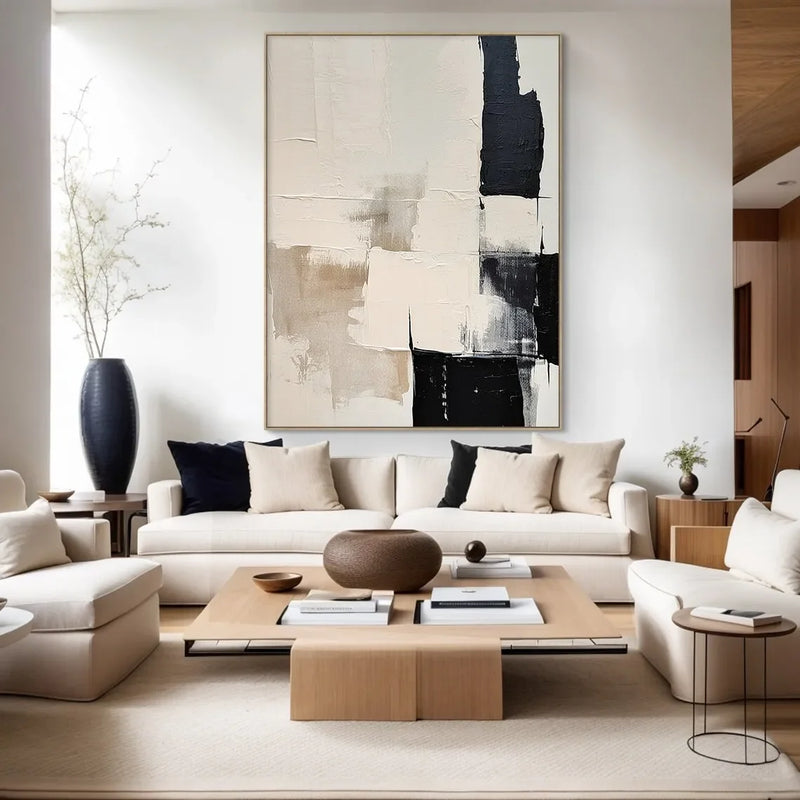 Large Canvas Black Beige Abstract Hand Painted Painting Minimalist Textured Wall Art Handmade Canvas Painting Living Room Decor