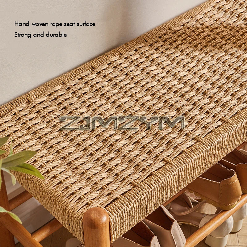 Solid Wood Rattan Woven Shoe Stool Retro Style Porch Shoe Rack Shoe Changing Stool Furniture Blending Tradition with Modern