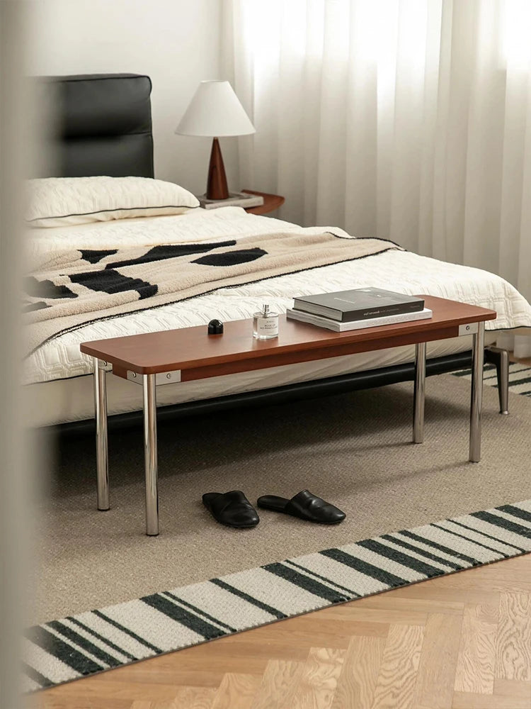 Medieval Style Solid Wood Long Dining Bench Bed End Bench Shoes French Stainless Steel Legs Banquette Home Furniture TYLB