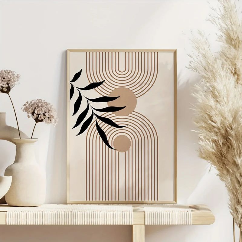3pcs Modern Wall Art Boho Gallery,Mid Century Modern Prints,Neutral Art Boho Brown Geometric Black Leaves Canvas Print,No Frame