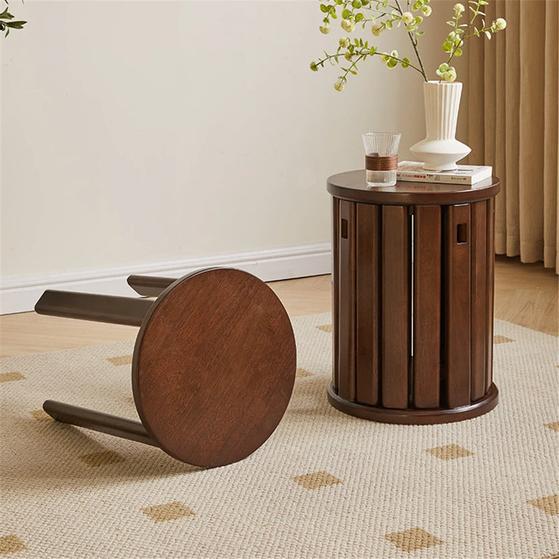 Solid Wood Folding Stool Nordic Living Room Low Stool Dining Chair Home Modern Simple Walnut Color Furniture Round Stool Table