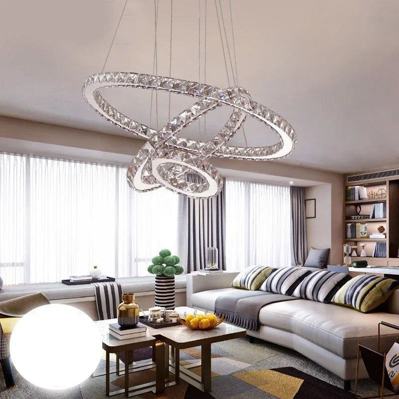 Modern LED K9 Crystal Chandelier Lights For Living Room Rings Crystal Chandelier Lighting Pendant Hanging Ceiling Fixtures