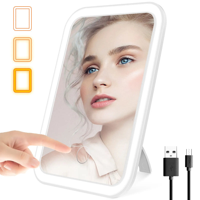 Folding Travel Mirror with 80 LEDs Ultra Thin Makeup Mirror Dimmable Touch Screen USB Rechargeable Portable for Makeup