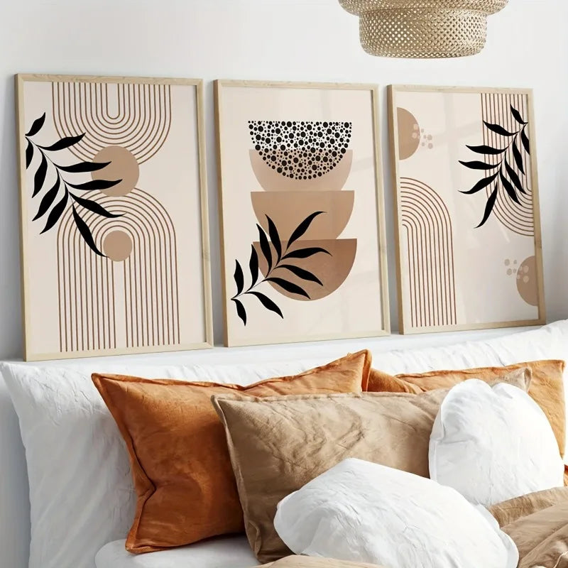 3pcs Modern Wall Art Boho Gallery,Mid Century Modern Prints,Neutral Art Boho Brown Geometric Black Leaves Canvas Print,No Frame