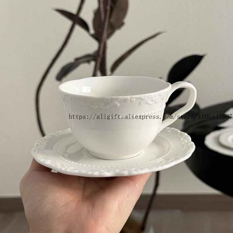 French Light Luxury Embossed Floral Coffee Cup And Plate Set Exquisite Afternoon Tea Ceramic Cup