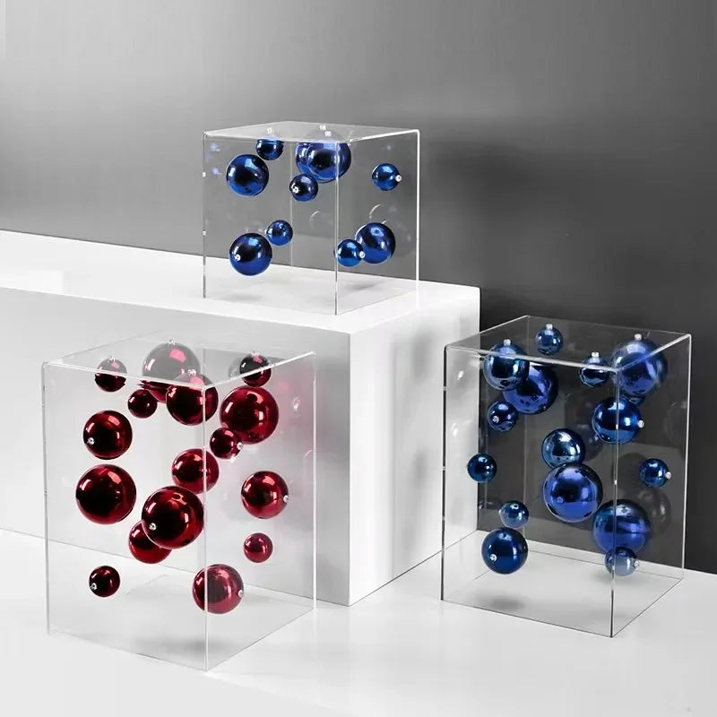 Geometric Metal Ball Art Transparent Acrylic Box Ornaments Modern Minimalist Square Living Room Decorations Desktop Furnishings