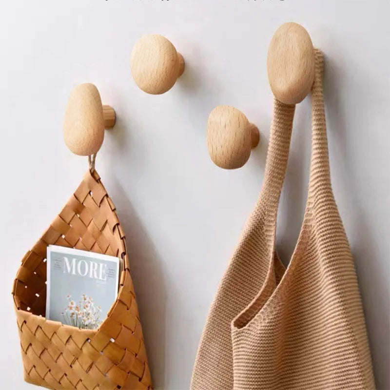 Pebble shaped Wall Mounted Coat Hook Natural Wood Clothes Hanger Decorative Key Hat Scarf Handbag Storage Hanger Bathroom Rack