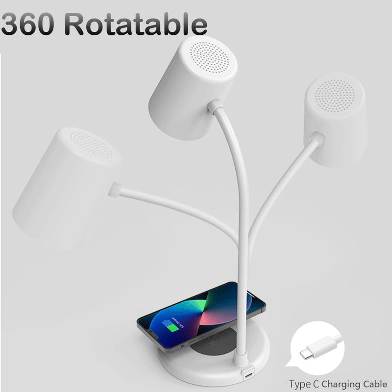 Dimmable LED Table Lamp Bluetooth Speaker with Fast Wireless Charger 360 Rotate Eye Desktop Reading Night Lights