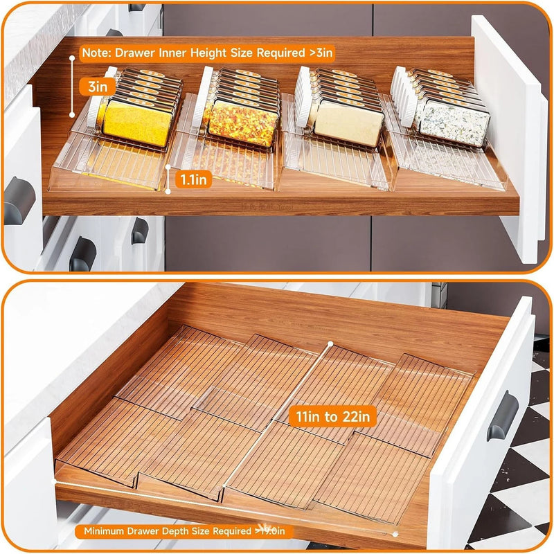 Staged Spice Drawer Organizer Adjustable Acrylic Spice Jars Rack Tray Expandable Seasoning Organizer Cabinet Kitchen Shelves