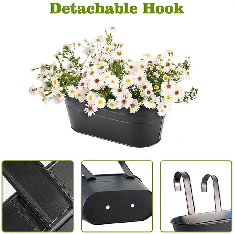 Black Metal Iron Hanging Flower Pots Outdoor Plants Planter Modern Boho Style Wall Mount Window Box Decks Railings Fence Buckets