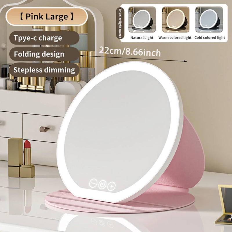 3 Color LED Makeup Mirror Dimmable with Touch Screen Fold Adjust Cosmetic Mirrors 8.66 & 7.28inch for Tabletop Travel & Home Use