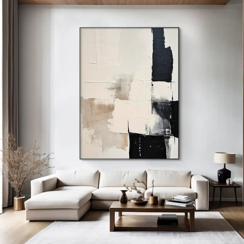 Large Canvas Black Beige Abstract Hand Painted Painting Minimalist Textured Wall Art Handmade Canvas Painting Living Room Decor