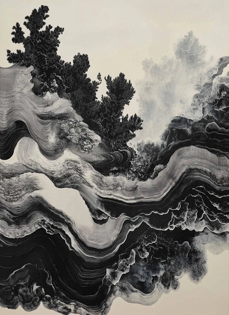 Abstract Black And White Flowing Lines Ink Landscape Minimalist Poster Print Wall Art Pictures Canvas Painting Room Home Decor