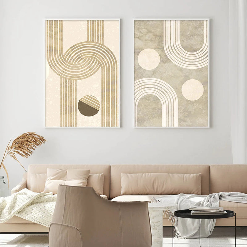 Abstract Geometric Line Mid Century Wall Art Posters Beige Modern Boho Canvas Painting Print Pictures Living Room Home Decor
