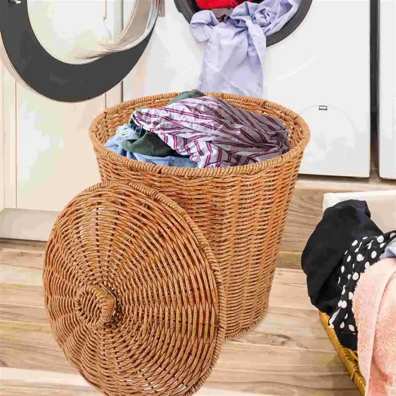 Trash Can Wicker Storage Litterbox Waste Woven Laundry Trash Cans Rattan Boho Laundry Basket White Garbage Hamper Clothes Lid
