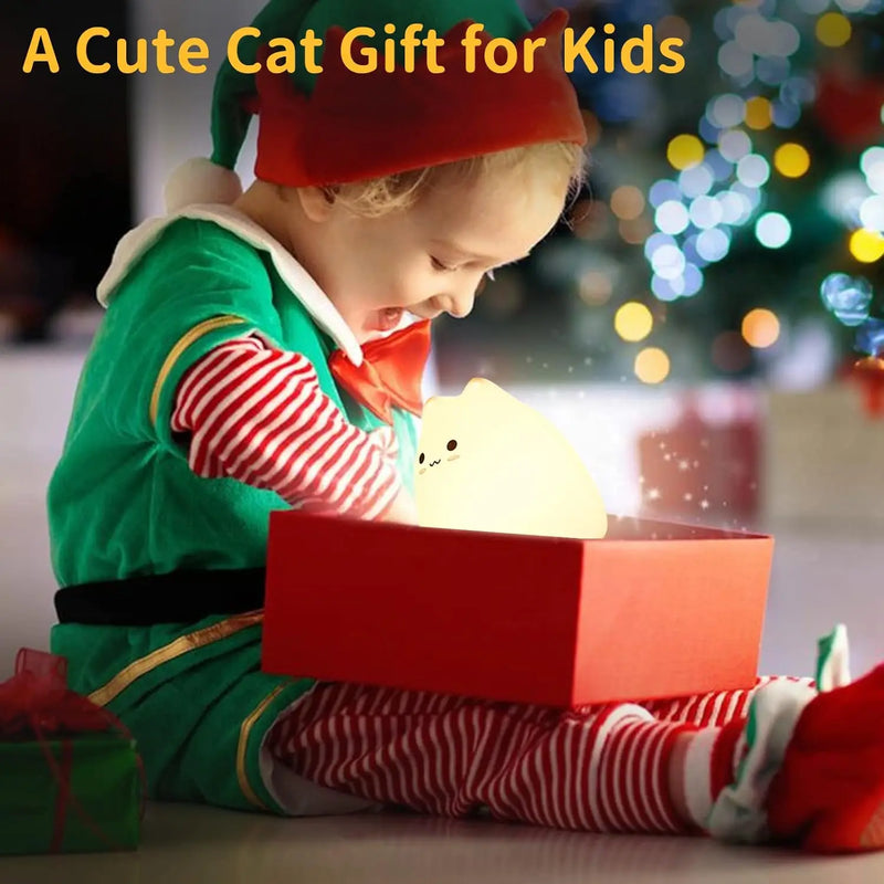 Cute Kitty Night Light,Battery Powered Silicone Lamp with Warm White & 7-Color Breathing Modes,Touch Sensor Control,Gift for Ho