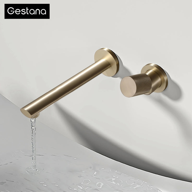 Luxury brushed gold brass wall mounted adjustable water volume bathroom faucet Embedded design for hot and cold water basin Tap