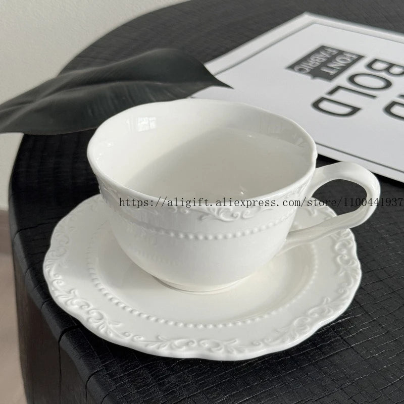 French Light Luxury Embossed Floral Coffee Cup And Plate Set Exquisite Afternoon Tea Ceramic Cup