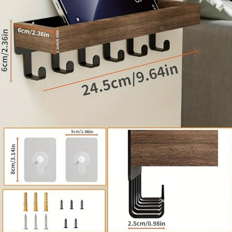 Rustic Wooden Key Holder with 6 Hooks Storage Tray Easy Install Wall-Mounted Organizer for Keys Mail and More for Bedroom Office