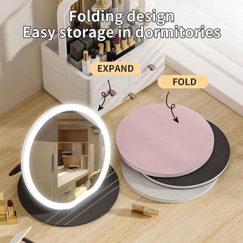 3 Color LED Makeup Mirror Dimmable with Touch Screen Fold Adjust Cosmetic Mirrors 8.66 & 7.28inch for Tabletop Travel & Home Use