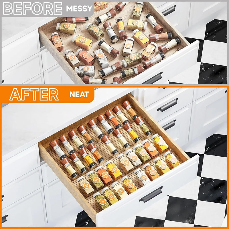 Staged Spice Drawer Organizer Adjustable Acrylic Spice Jars Rack Tray Expandable Seasoning Organizer Cabinet Kitchen Shelves