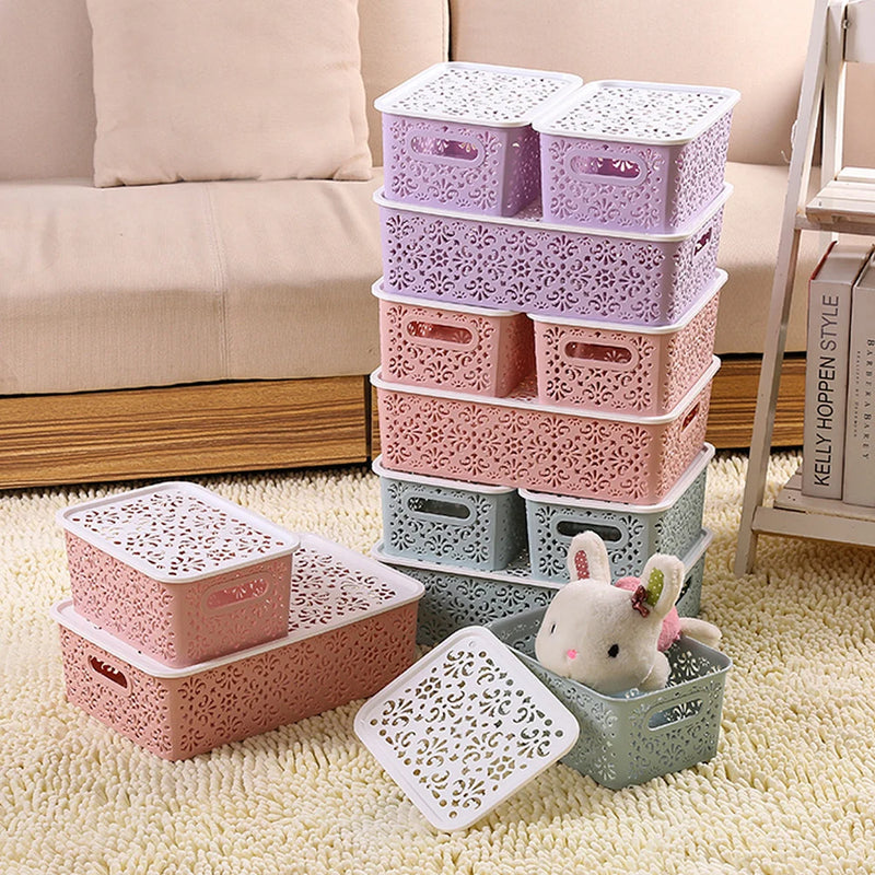 Plastic Storage Box Stackable Storage Container Hollow Out Delicate Storage Basket With Lid For Clothes Toy Home storage Supply