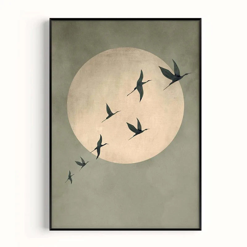 Sage Green Japandi Art Print - Large Abstract Sun and Flying Birds Wall Art, Frameless Canvas for Living Room and Bedroom Decor