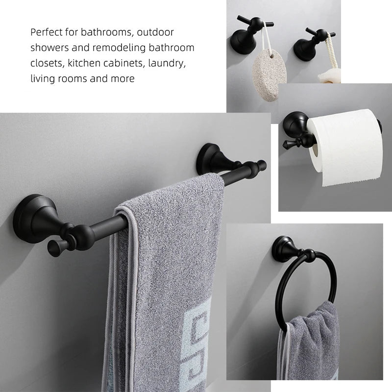 Matte Black Bathroom Accessories Hardware Set Aluminum Alloy Wall Mount Towel Bar Towel Ring Toilet Roll Paper Holder Robe Hook