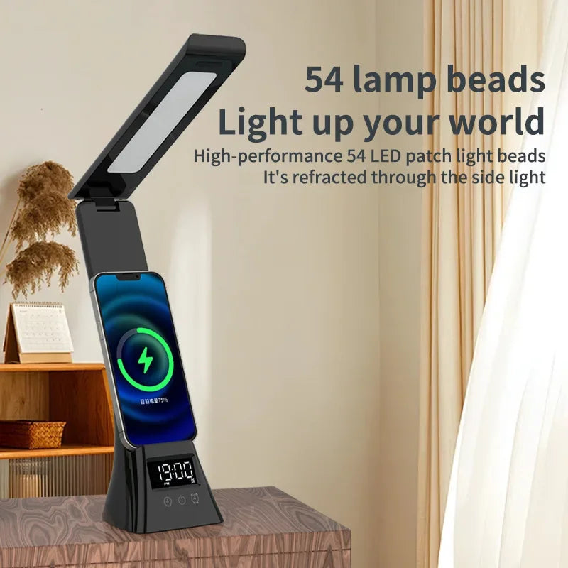 Multifunction LED Desk Lamp with Wireless Charger Digital Clock  Alarm USB 3 Colors Dimmable Study Light for Office Bedroom