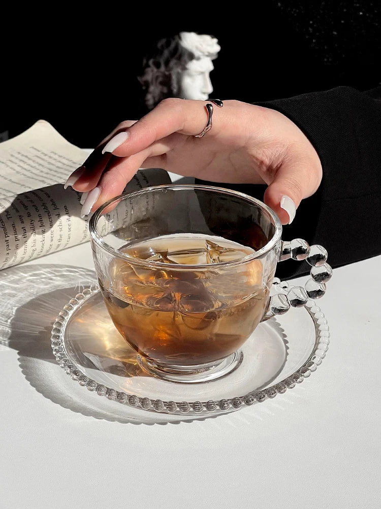 195/200ml Retro French Glass Coffee Cup And Plate Home Afternoon Tea Beads Handle Breakfast Milk Cup Dish Flower Cup Saucer Sets