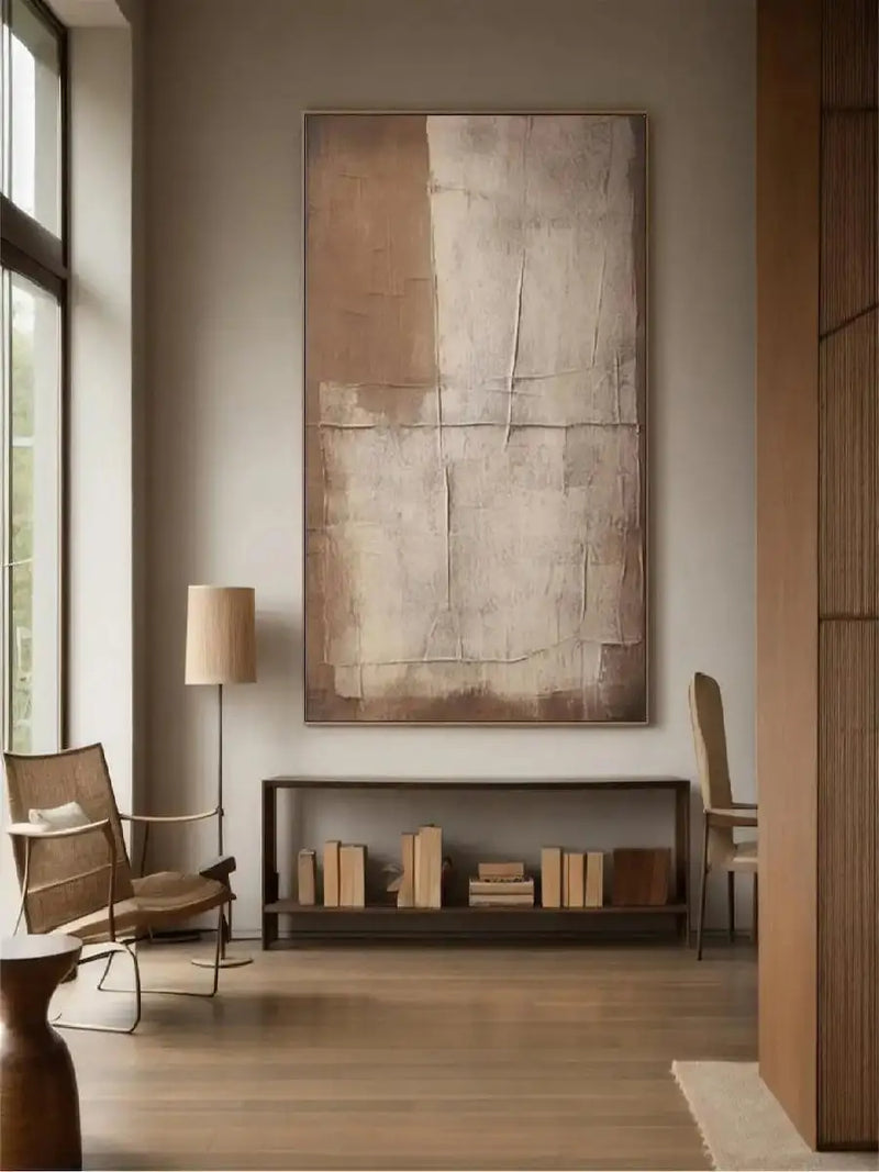 Large Beige Brown Abstract Boho Textured Handmade Canvas Painting  Modern Home Wall Art Decor