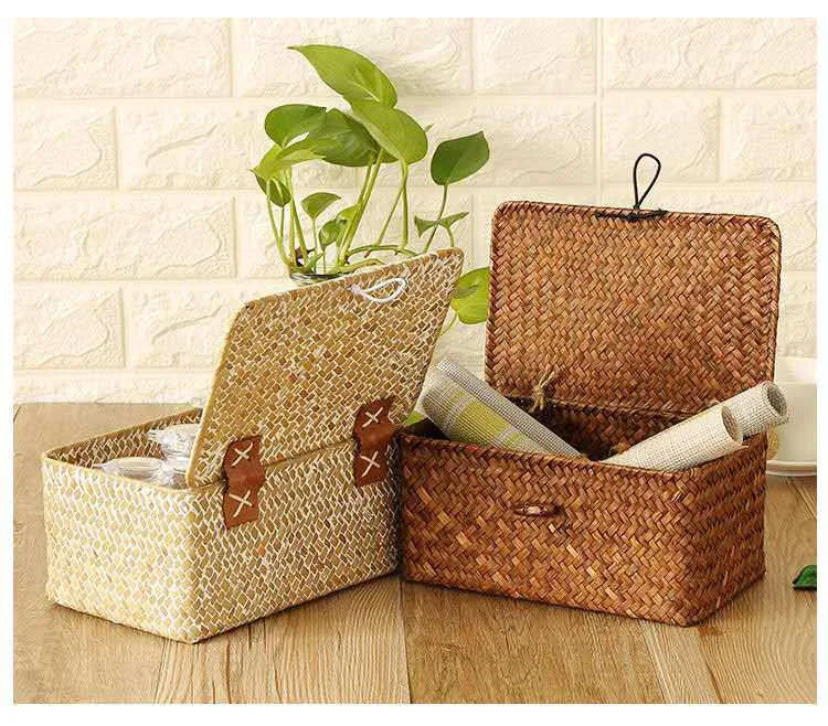 Wicker Storage Basket Woven Rattan Storage Laundry Basket  Toy Books Storage Basket With Lid Muitifountional Convenient storage