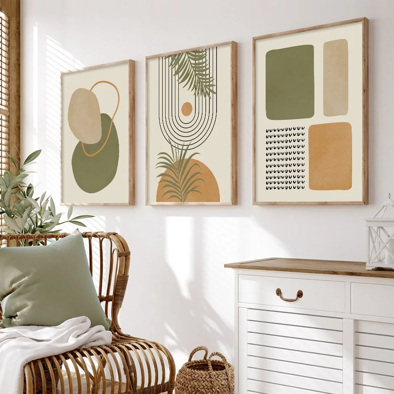 Boho Green Beige Geometric Leaves Abstract Poster Mid Century Wall Art Canvas Painting Prints Picture Living Room Interior Decor