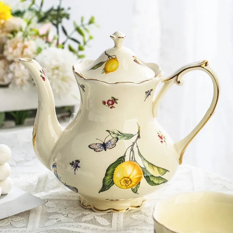 European Style Ceramic Mug Coffee Cup and Saucers Set Lemon Pattern Retro Afternoon tea cup Dessert Plate Teapot Home kettle