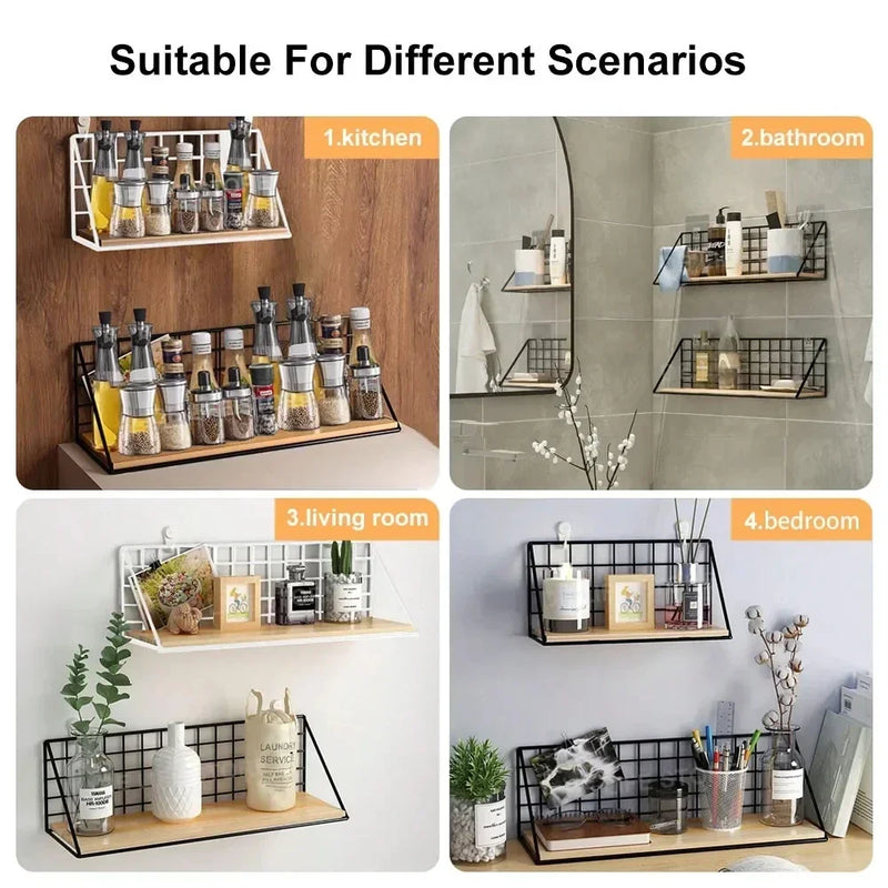 Wall Mounted Shelves Without Drilling Wood Hanging Shelf Kitchen Organizer Hanging Spice Jar Storage Shelf for Seasoning Holder