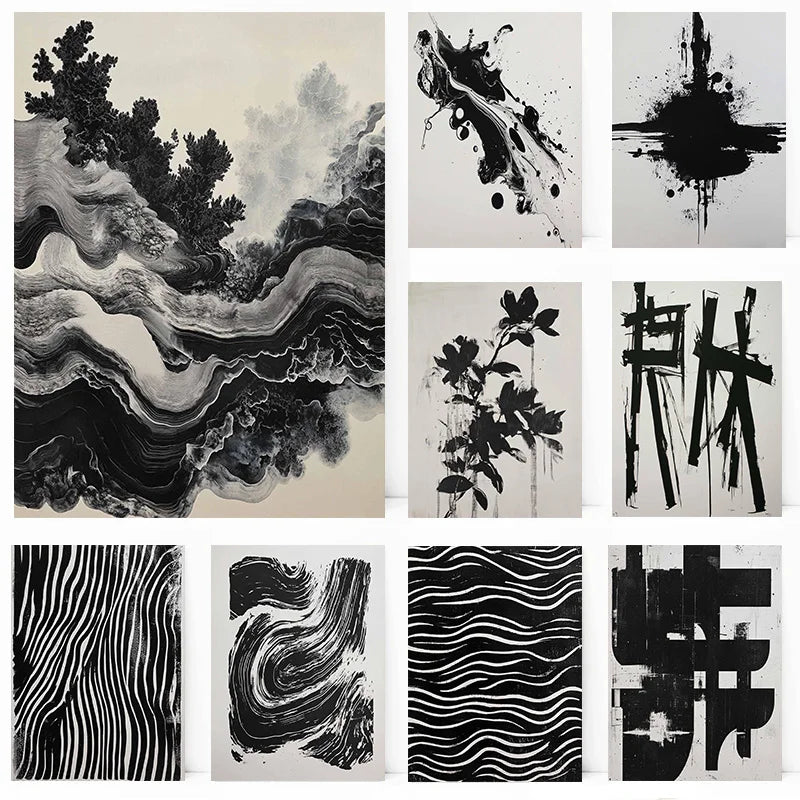 Abstract Black And White Flowing Lines Ink Landscape Minimalist Poster Print Wall Art Pictures Canvas Painting Room Home Decor