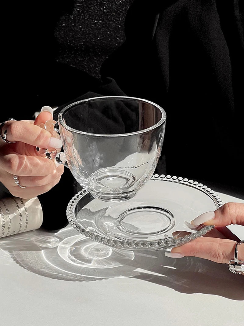 195/200ml Retro French Glass Coffee Cup And Plate Home Afternoon Tea Beads Handle Breakfast Milk Cup Dish Flower Cup Saucer Sets