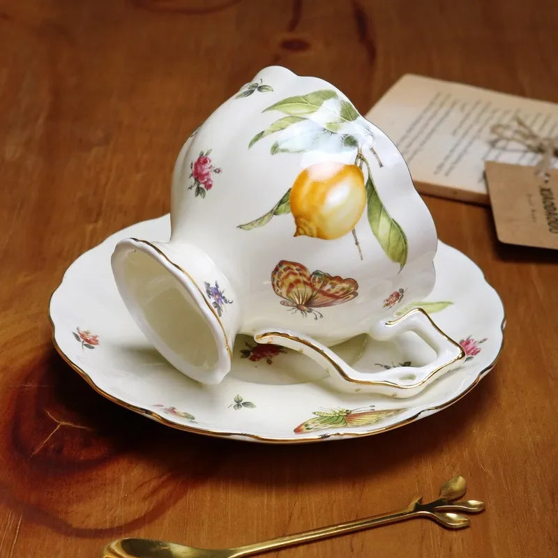 European Style Ceramic Mug Coffee Cup and Saucers Set Lemon Pattern Retro Afternoon tea cup Dessert Plate Teapot Home kettle
