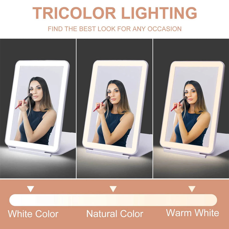 Folding Travel Mirror with 80 LEDs Ultra Thin Makeup Mirror Dimmable Touch Screen USB Rechargeable Portable for Makeup