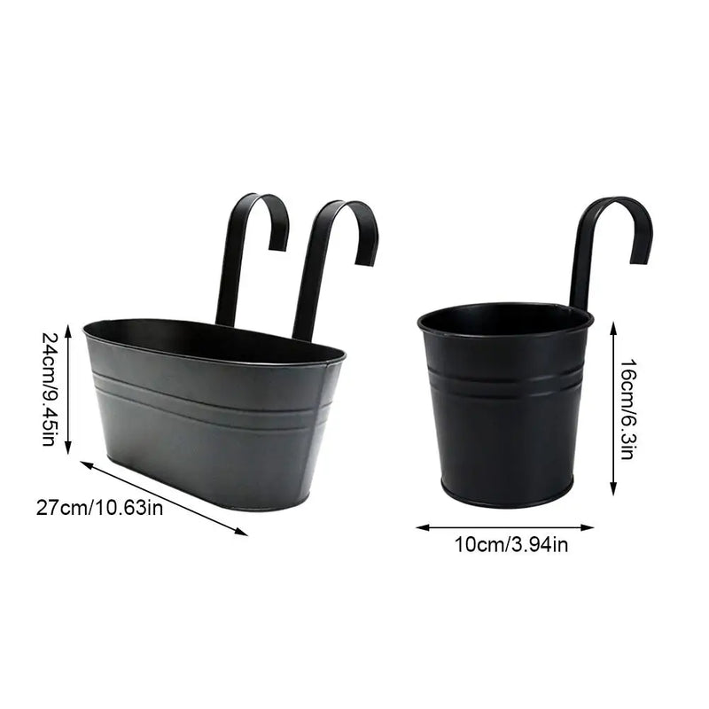 Black Metal Iron Hanging Flower Pots Outdoor Plants Planter Modern Boho Style Wall Mount Window Box Decks Railings Fence Buckets