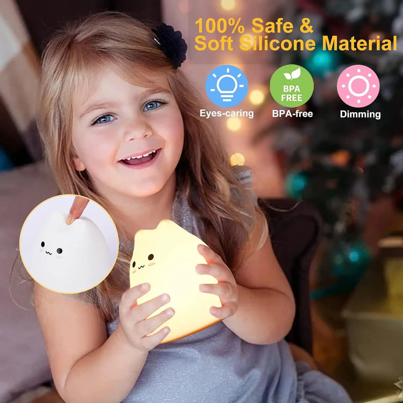 Cute Kitty Night Light,Battery Powered Silicone Lamp with Warm White & 7-Color Breathing Modes,Touch Sensor Control,Gift for Ho