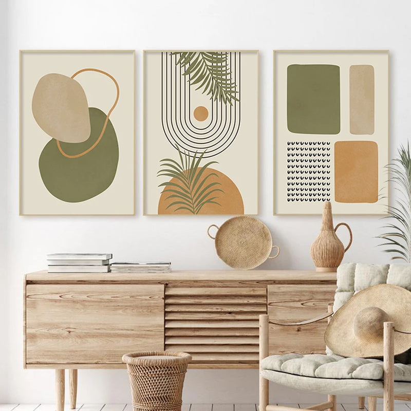 Boho Green Beige Geometric Leaves Abstract Poster Mid Century Wall Art Canvas Painting Prints Picture Living Room Interior Decor