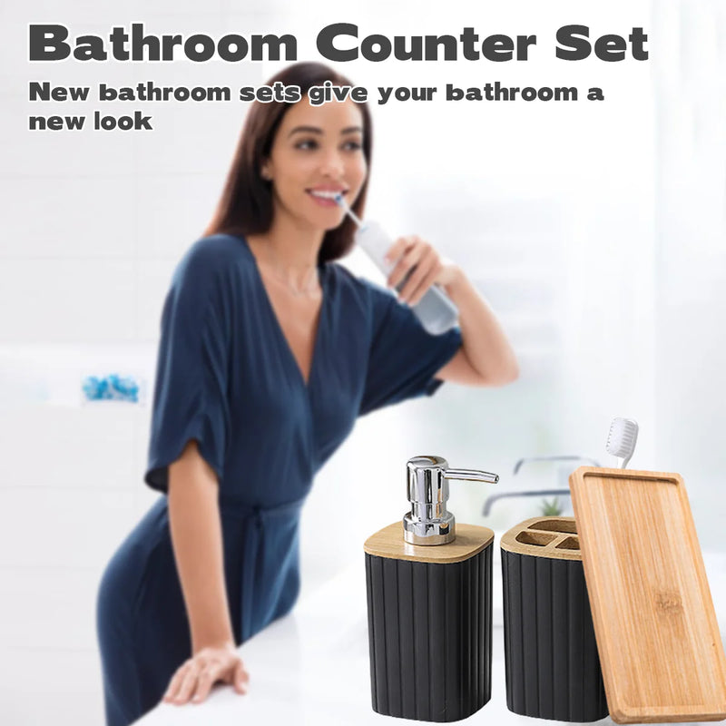 Matte Black Bathroom Accessory Set 3Pcs Bathroom Vanity Countertop Lotion Soap Pump Dispenser Toothbrush Holder and Tray Set