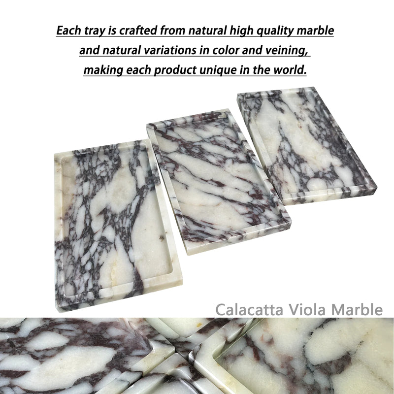Natural Marble Vanity Tray 10"x6", Genuine Calacatta Viola Marble Stone Tray for Bathroom/Kitchen/Dresser