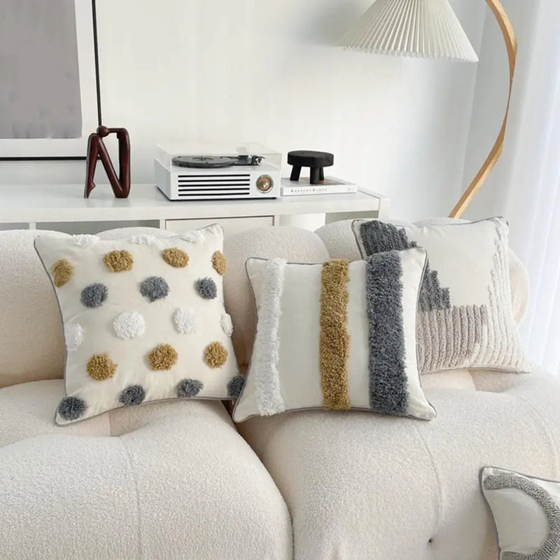 Unique Boho Throw Pillow with Braided Rope Pattern Handmade Tassels Cushion Soft Cotton Linen Textured Cushion for Sofa Bed