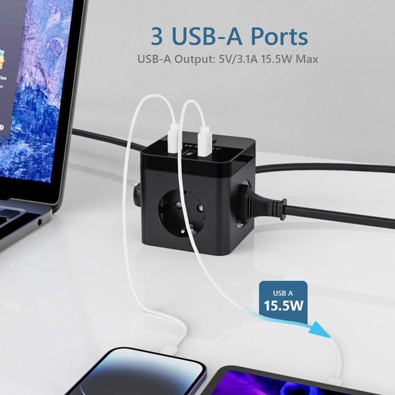 Power Adapter with 3 AC Outlets 3 USB Ports 1.5M Extension Cable Multi Electrical Socket Power Strip with Switch For Home Office